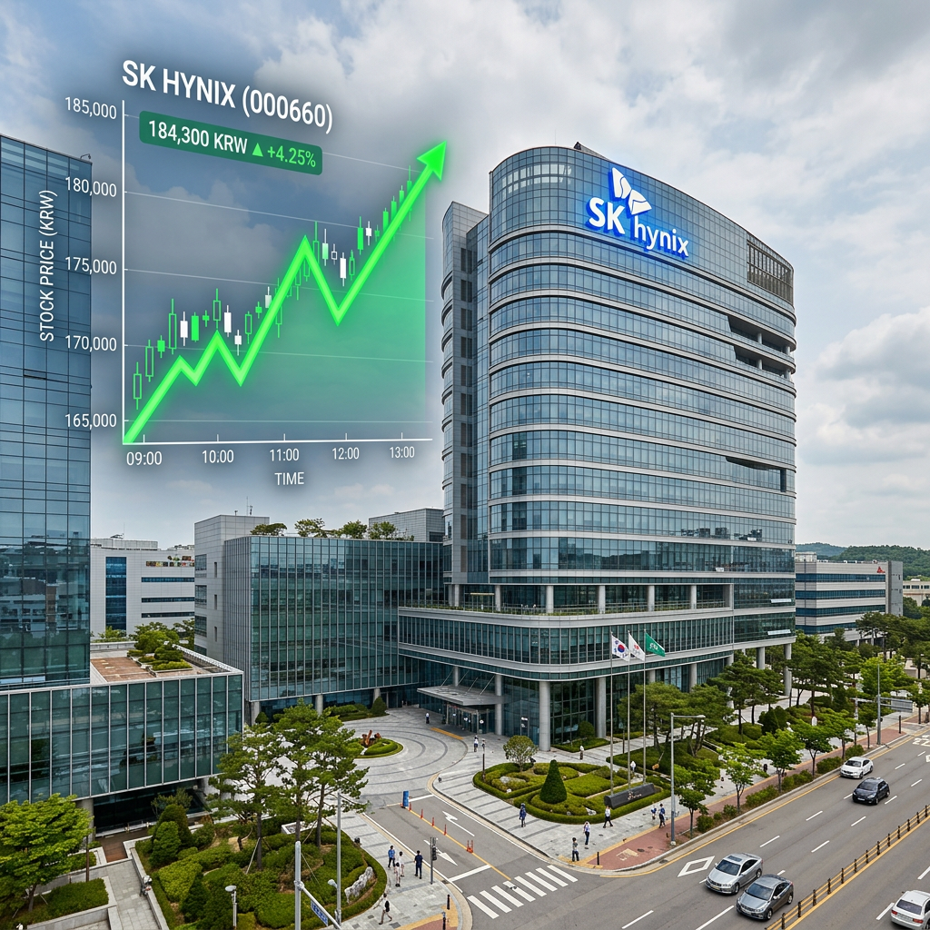 SK hynix building next to a green stock price chart showing a 4.25% increase