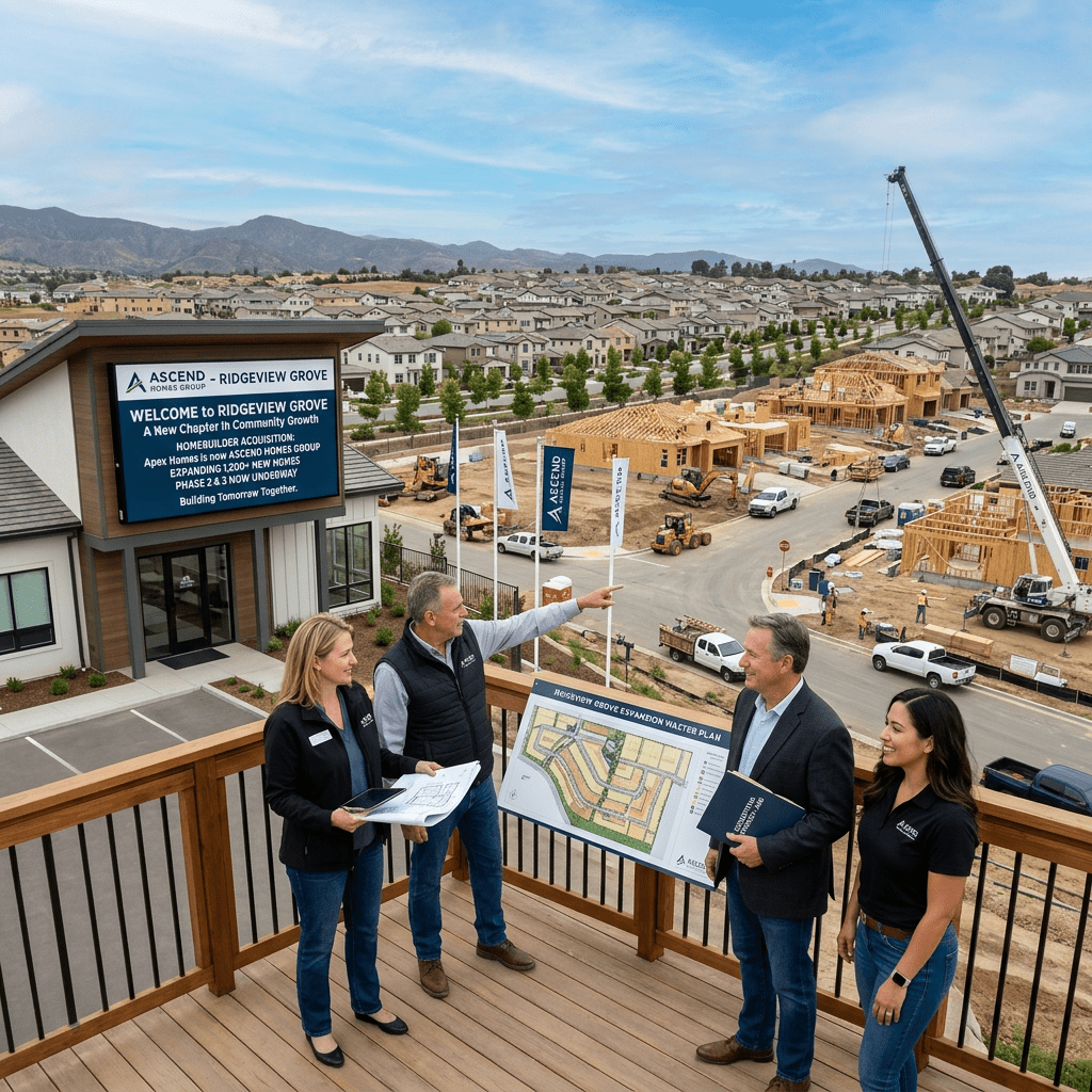 Four people discussing construction plans with housing development in the background