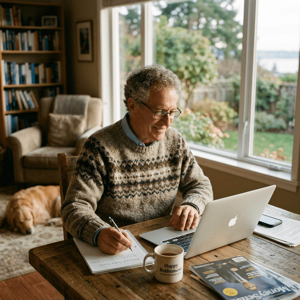 Senior man in patterned sweater using laptop and writing notes at wooden table