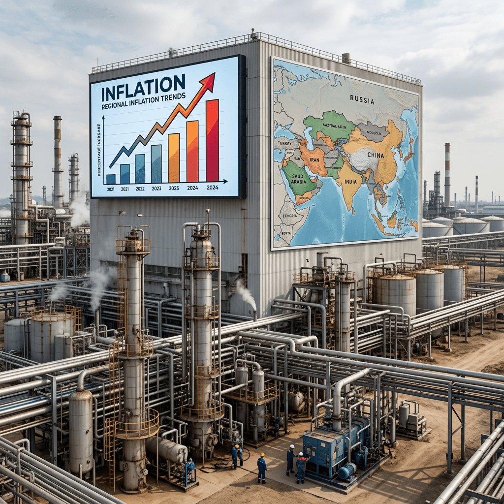 Industrial chemical plant with pipes and workers under large digital displays showing inflation trends graph and map of Asia