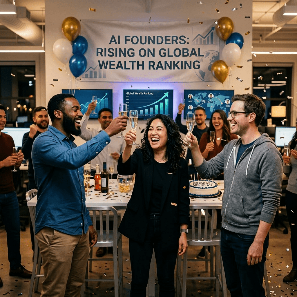 Team members toasting with champagne glasses under banner announcing $52 million Series A funding raised