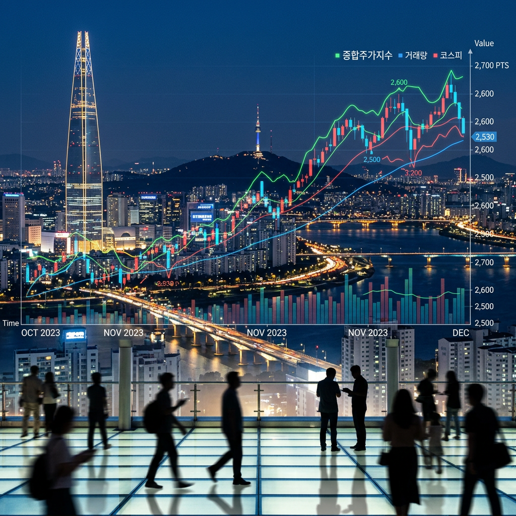 People walking on rooftop with Seoul city skyline and overlaid stock market chart