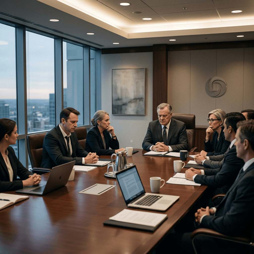Business executives and professionals in formal attire sitting around a conference table engaged in a serious meeting