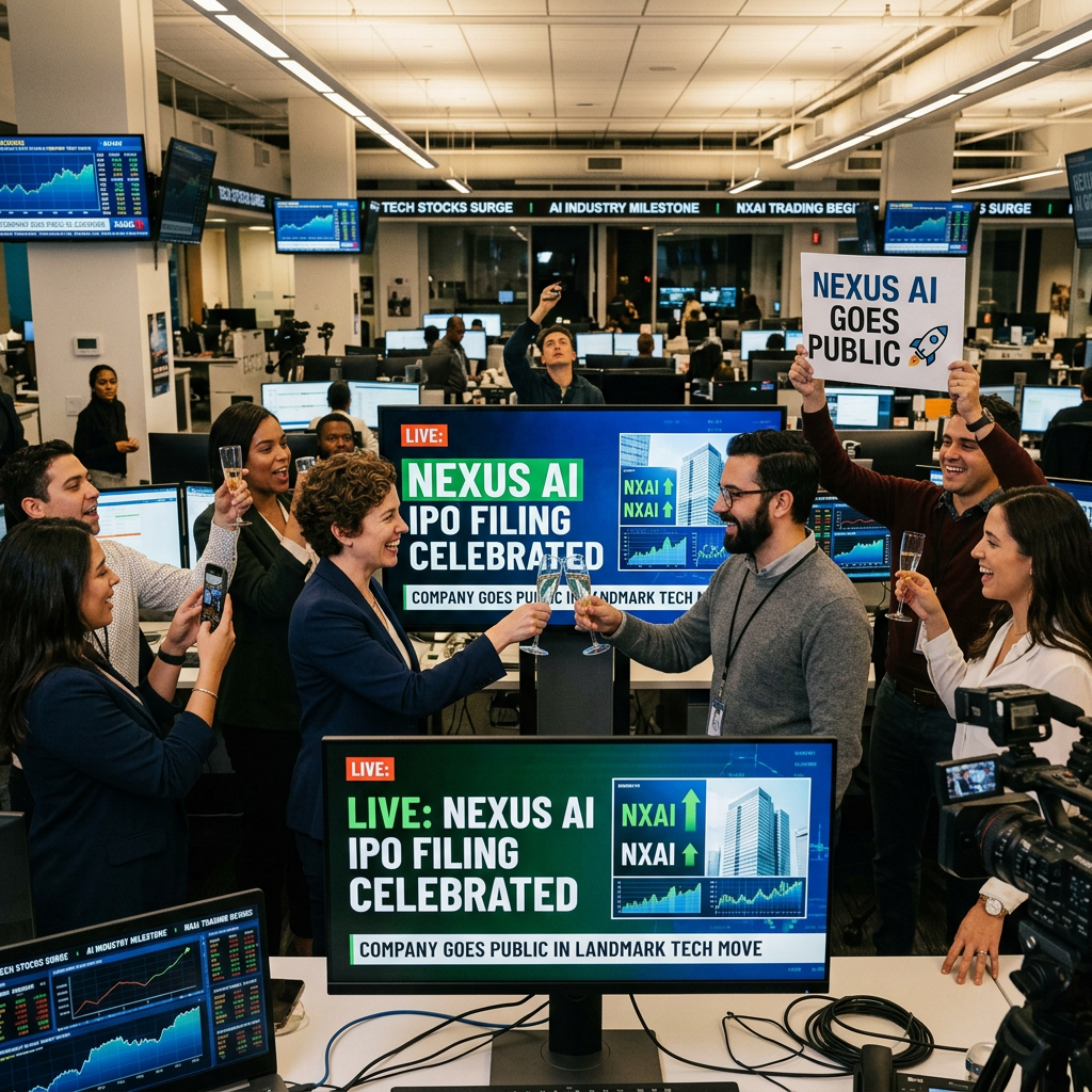 Office team celebrating Nexus AI IPO filing with champagne and signs