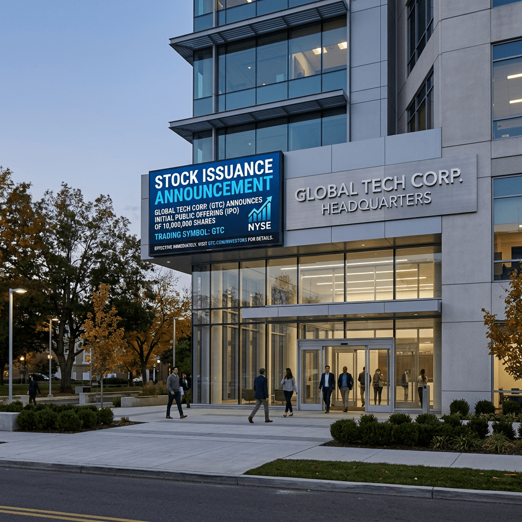 Digital board announcing Global Tech Corp.'s IPO of 10 million shares with trading symbol GTC outside corporate headquarters