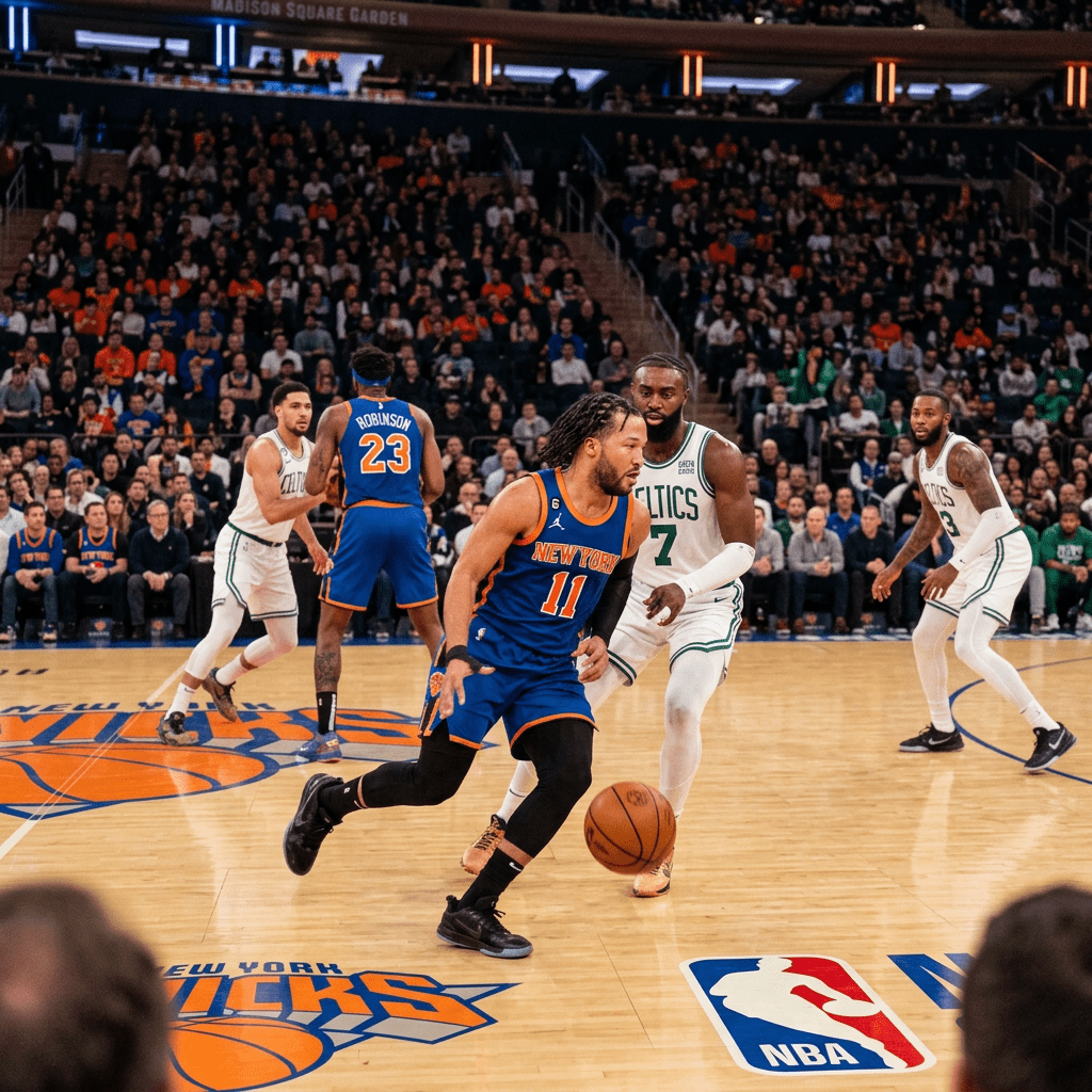 New York Knicks player dribbling basketball guarded by Boston Celtics players on court