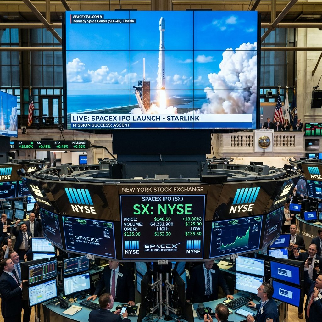 Live broadcast of SpaceX Falcon 9 rocket launch with stock trading data for SpaceX IPO at NYSE