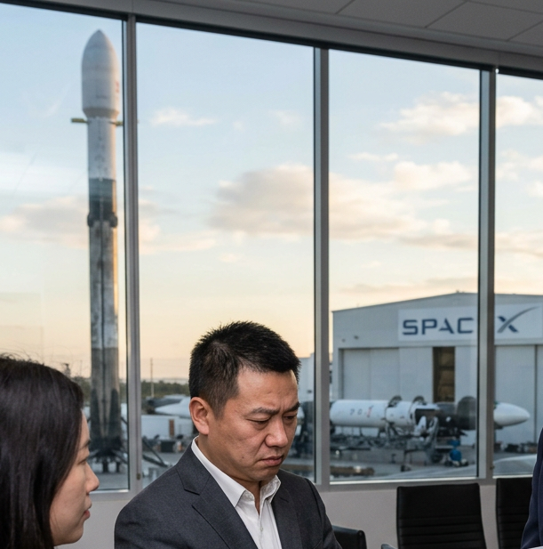 SpaceX executive holding a letter marked REJECTED discussing with businesspeople in office