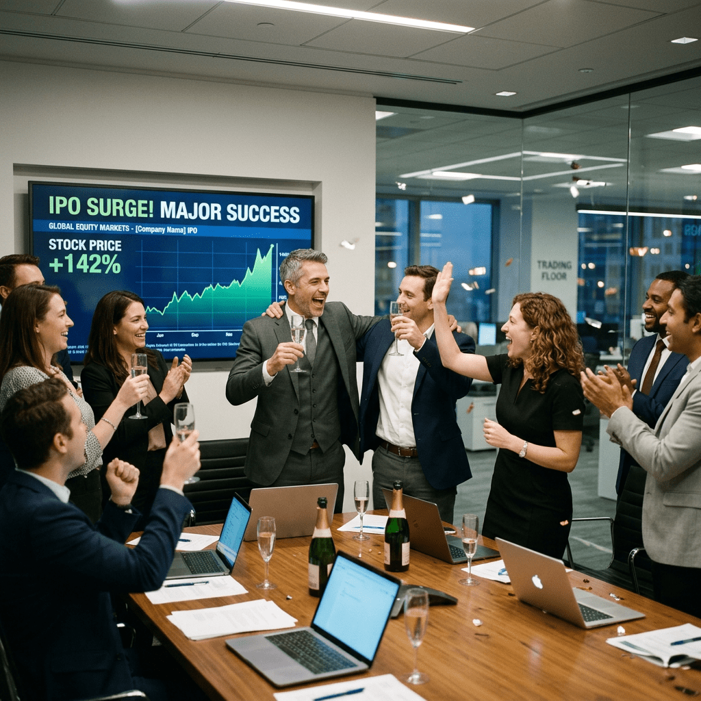 Investment bankers celebrating major IPO surge
