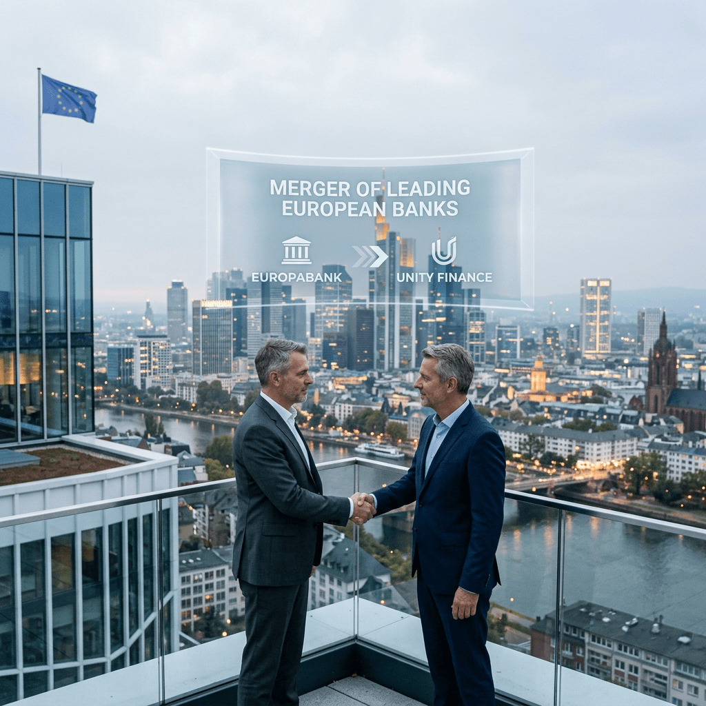 Two men in business suits shaking hands on a rooftop with a European city skyline and a transparent overlay showing merger of Europabank and Unity Finance