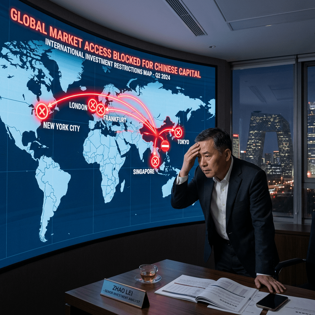 Senior investment analyst Zhao Lei reviewing a map of global market access blocked for Chinese capital