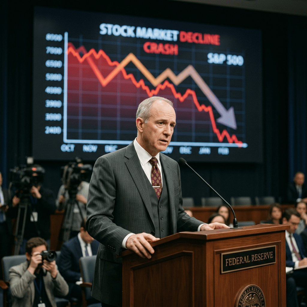 Federal Reserve official speaking at podium with stock market crash chart behind