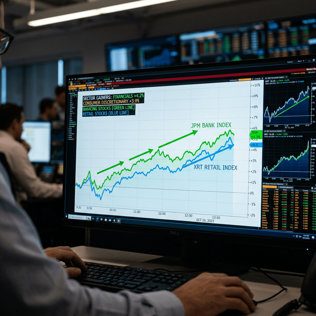 Computer monitor showing JPM Bank Index and XRT Retail Index stock performance graphs