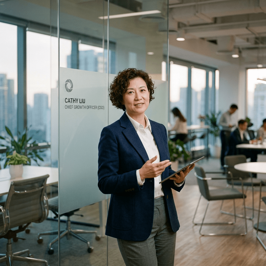 Chief Growth Officer Cathy Liu with tablet in modern office space