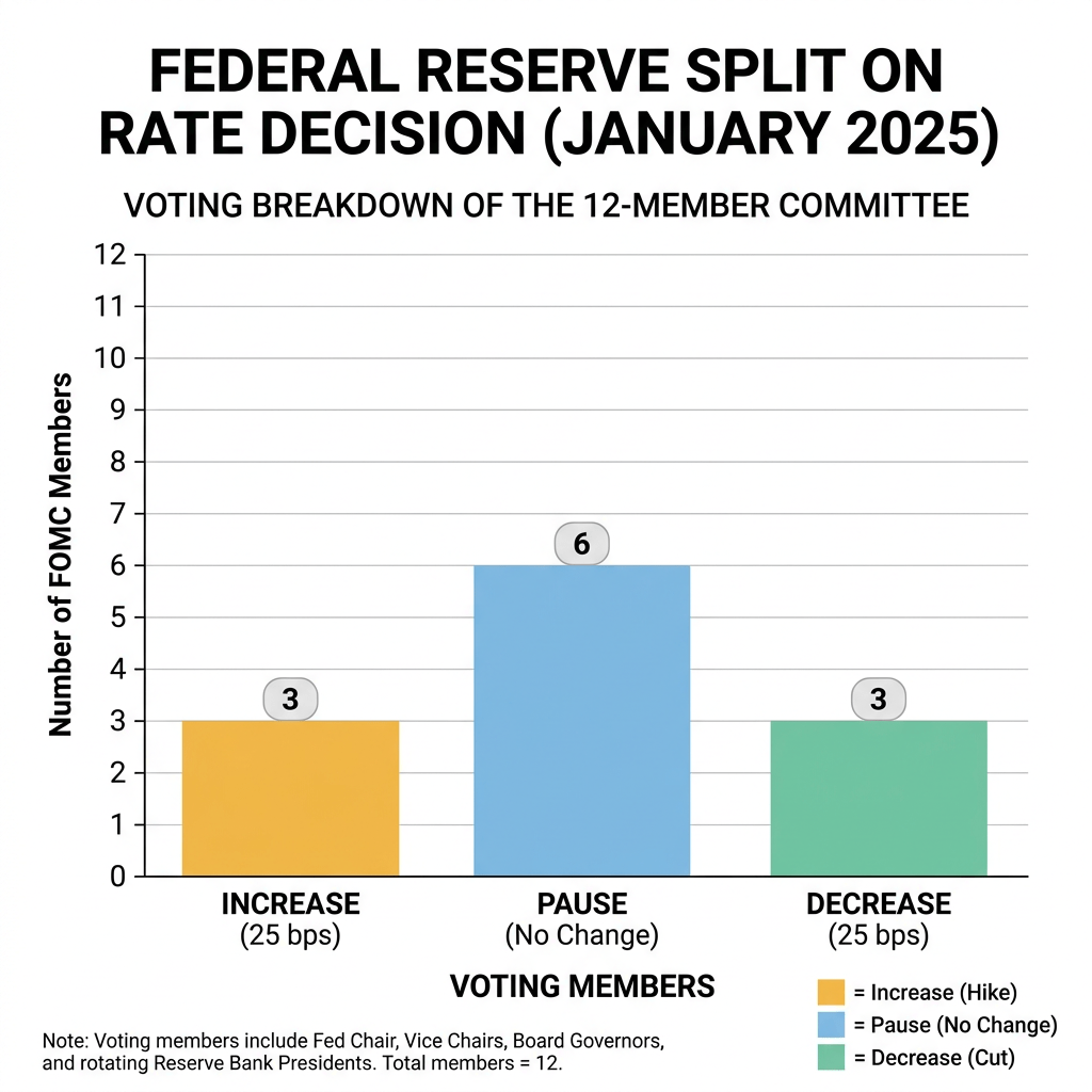 Bar chart showing 3 votes to increase, 6 votes to pause, and 3 votes to decrease Federal Reserve rates