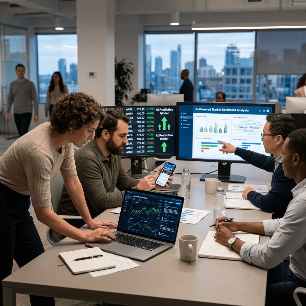 Four professionals analyzing financial and social media data on screens and devices