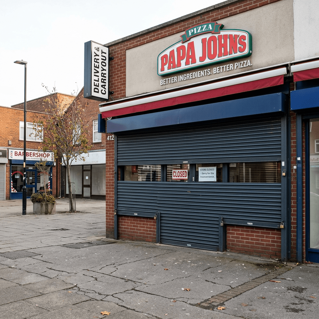 Papa John’s pizza store with shutters closed and signs indicating it is closed