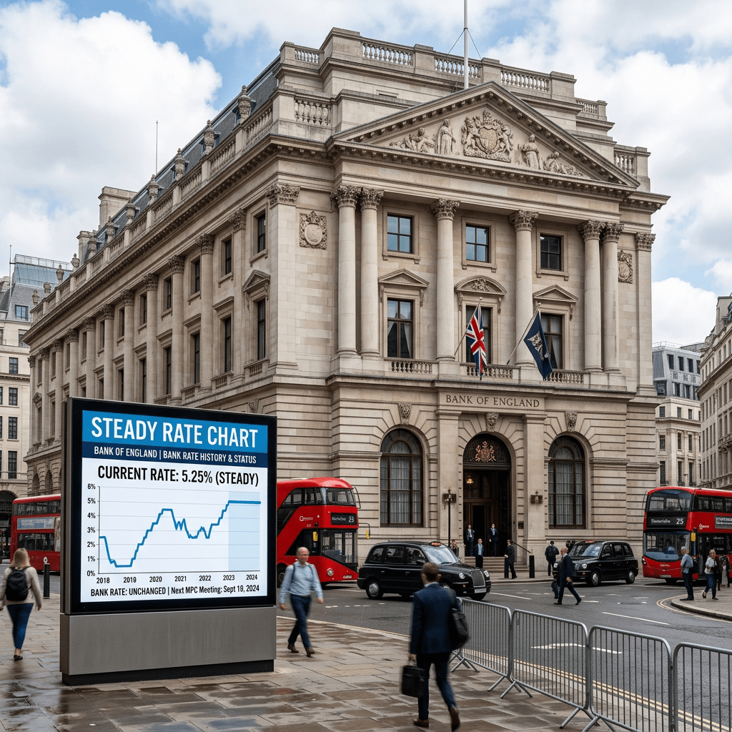 Digital display of Bank of England interest rate chart showing 5.25% steady rate in front of Bank of England building