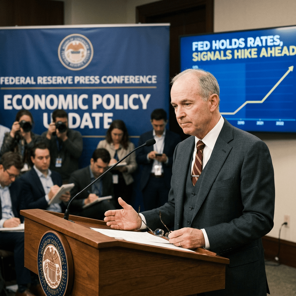 Federal Reserve official speaking at podium during economic policy update press conference