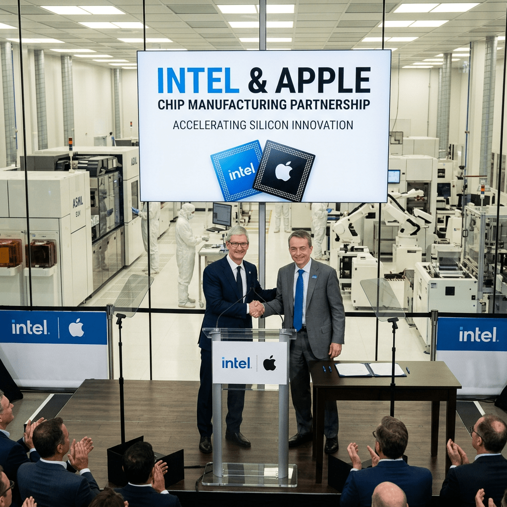 Two executives shaking hands on stage with Intel and Apple logos and chip manufacturing partnership sign