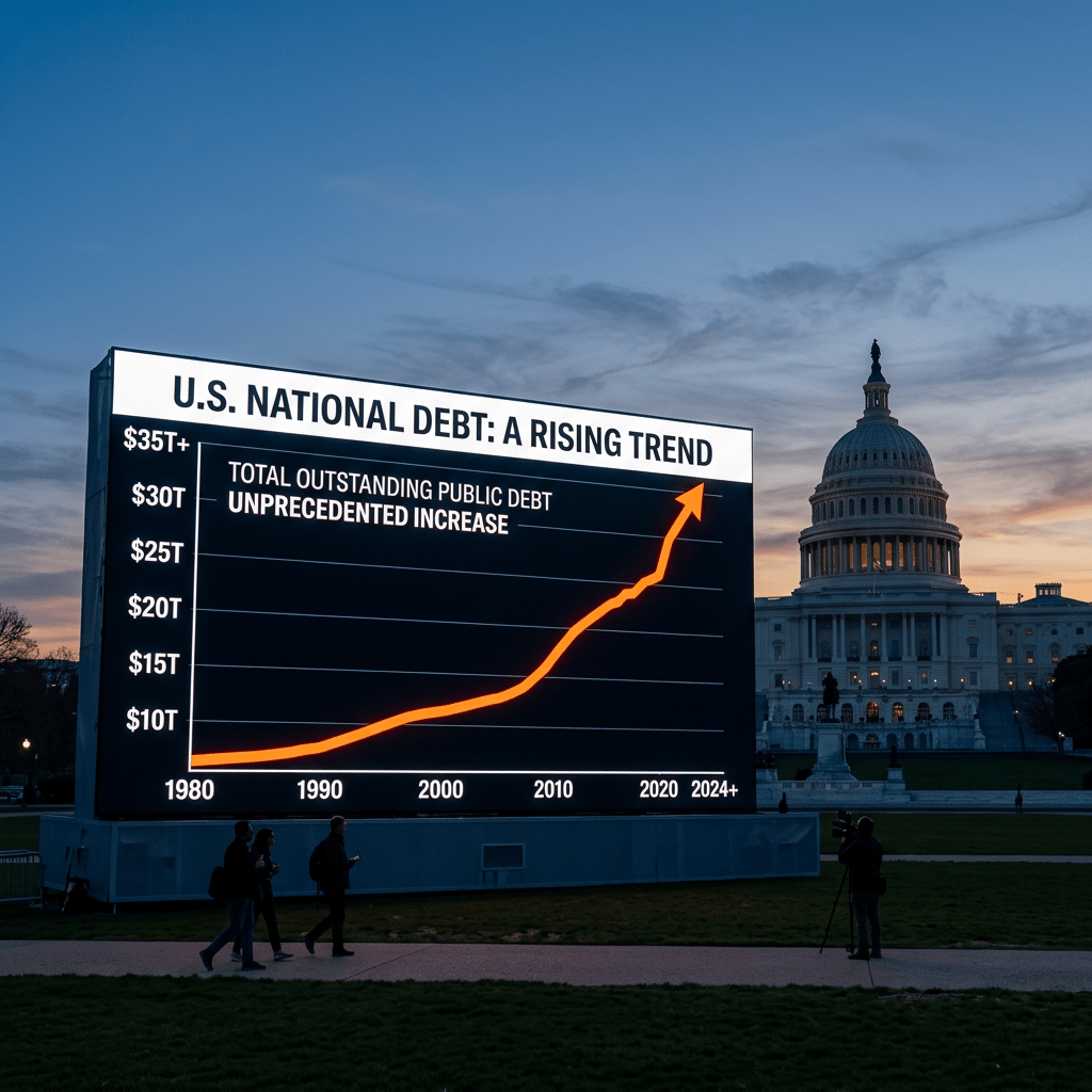 Chart illustrating the unprecedented increase in U.S. national debt from 1980 to 2024+