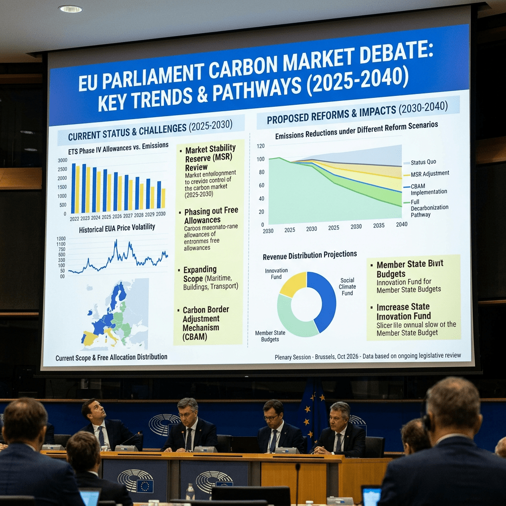 Presentation slide showing EU Parliament carbon market trends, emissions projections, and reform impacts from 2025 to 2040