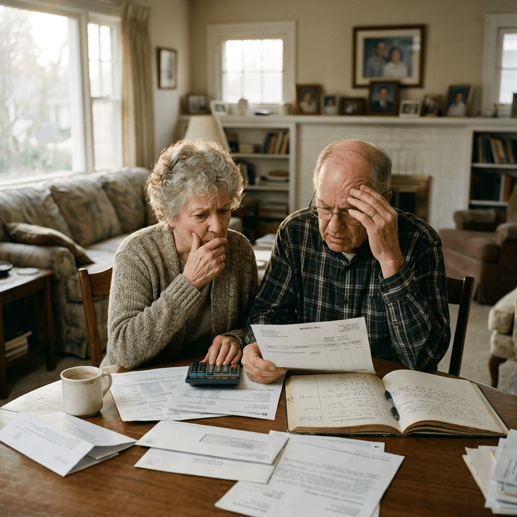 Elderly man and woman reviewing bills and financial documents at a table