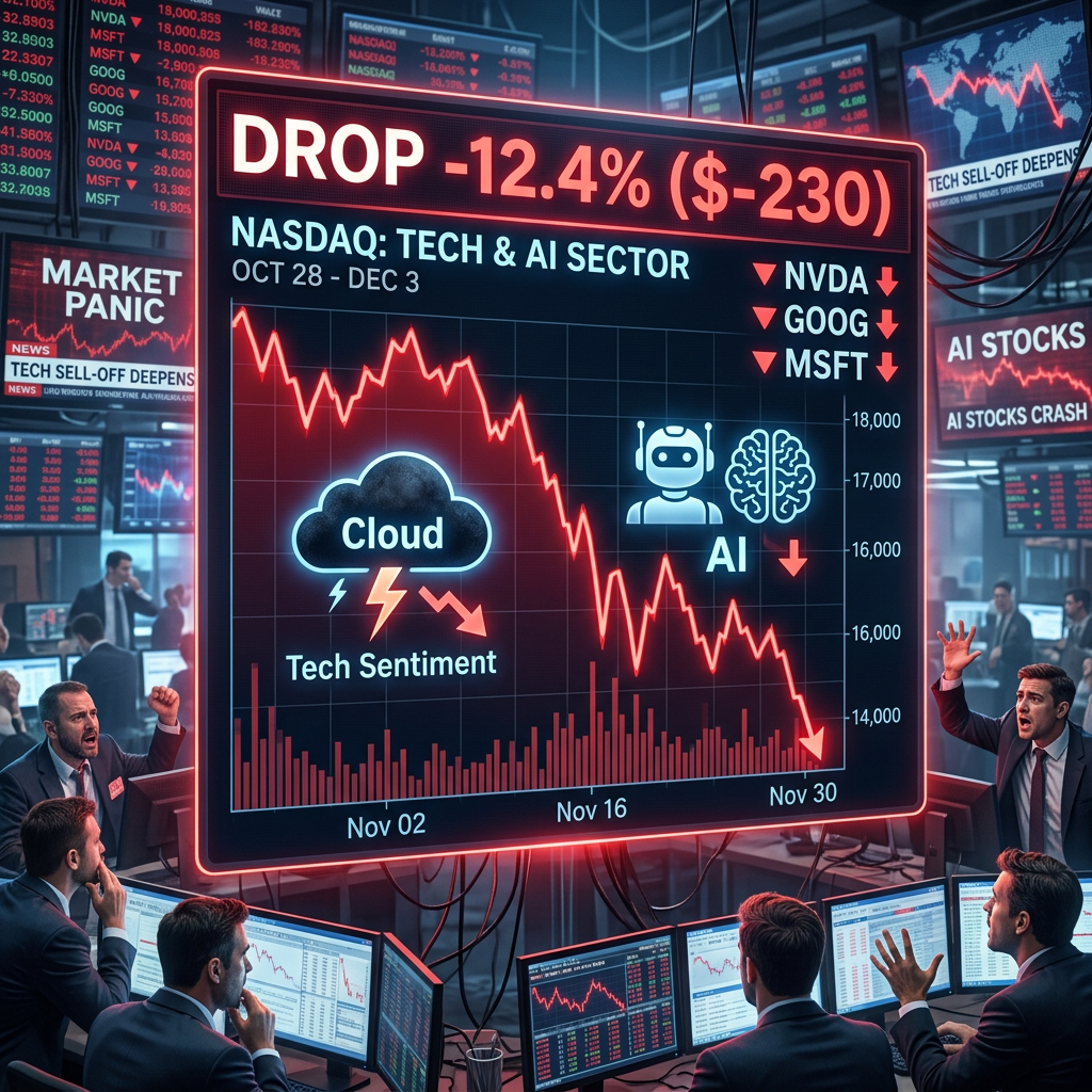 NASDAQ tech and AI sector chart showing a 12.4% drop with traders reacting