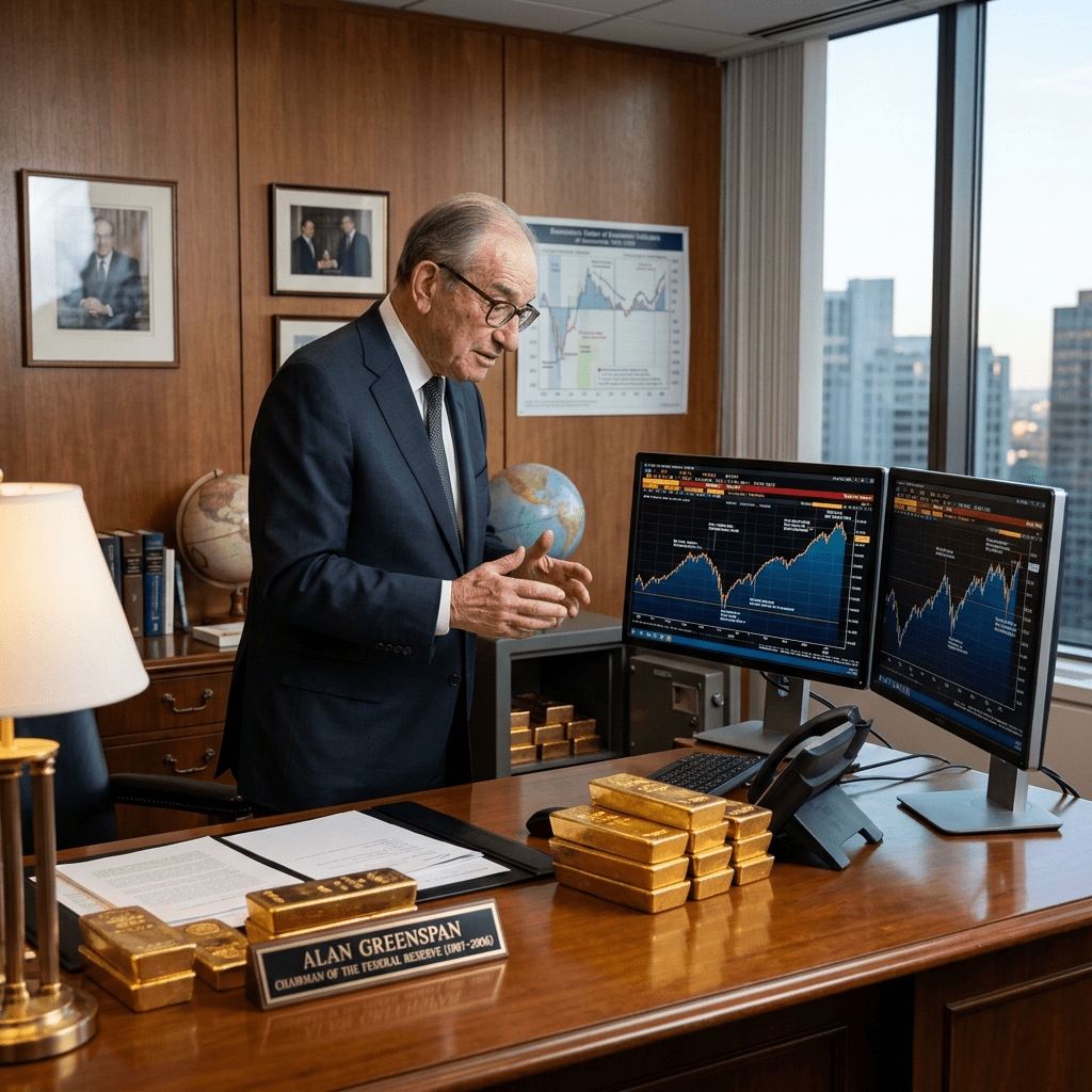 Alan Greenspan standing at a desk with gold bars, looking at financial charts on two computer monitors.