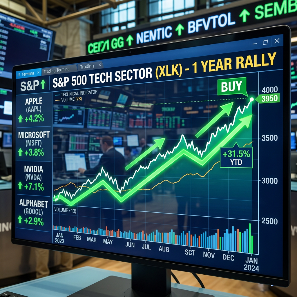 S&P 500 tech sector stock chart showing upward trends with Apple, Microsoft, Nvidia, and Alphabet gains
