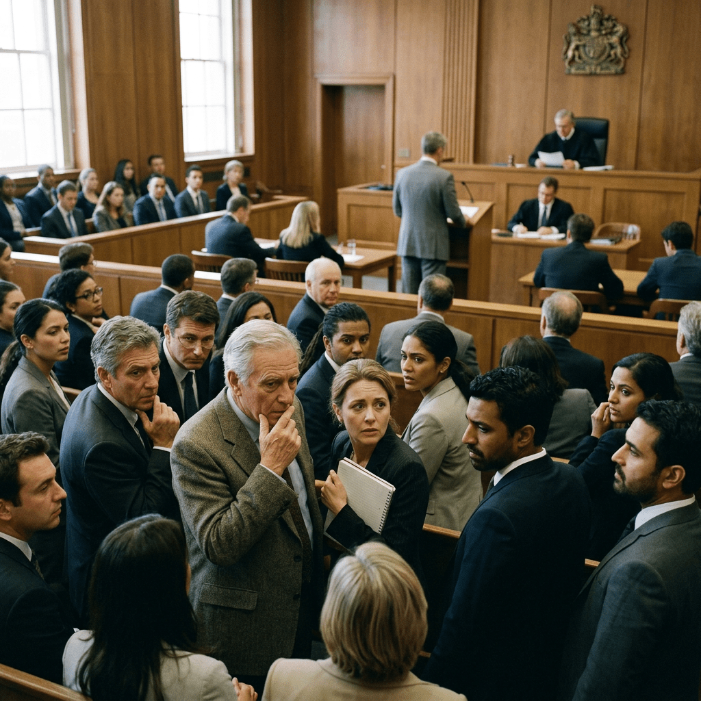 Group of attorneys and courtroom attendees discussing in a trial with judge and legal staff present
