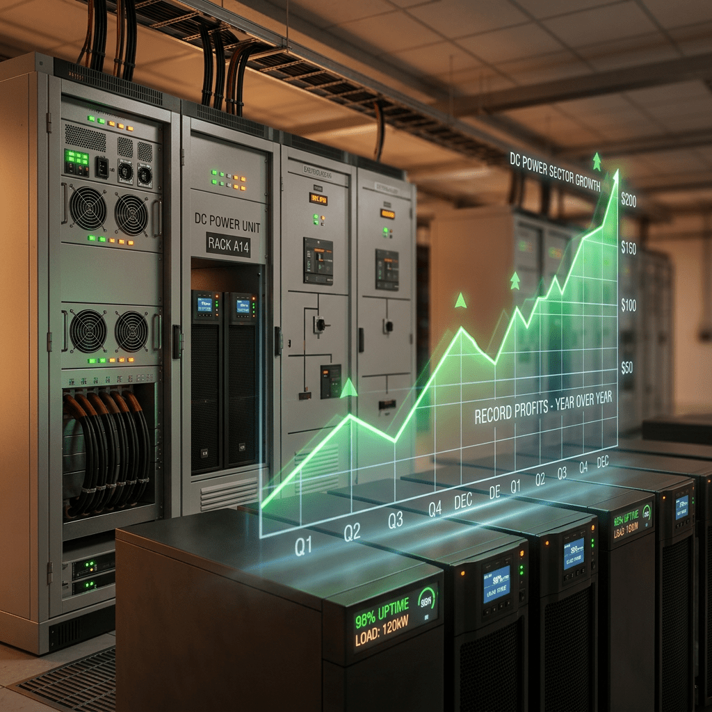 Data center racks with digital displays and a holographic graph showing DC power sector growth and record profits