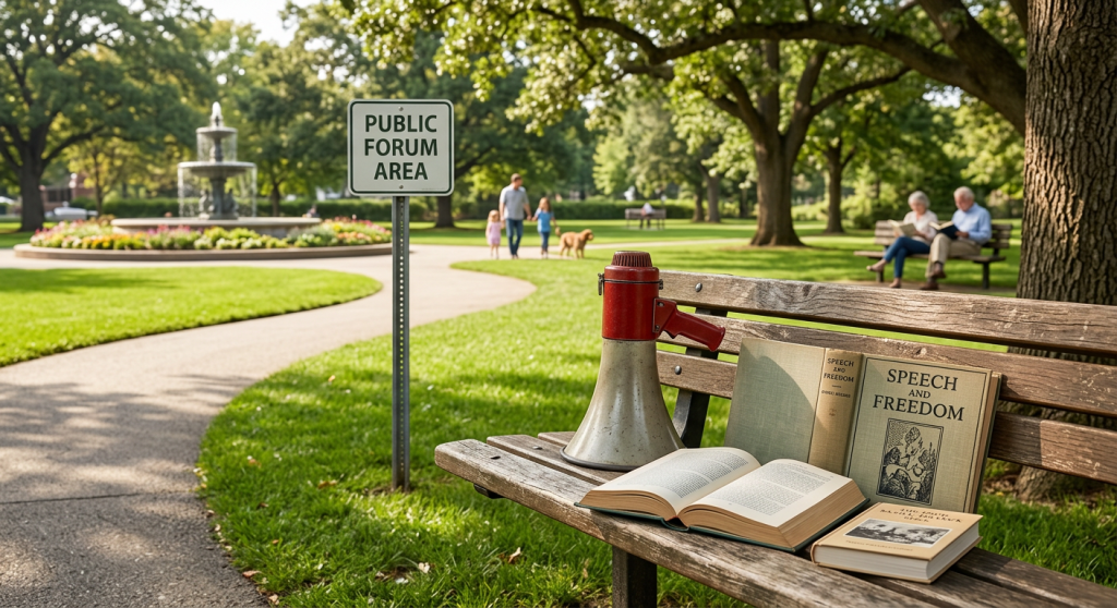Megaphone and books about speech and freedom on a wooden bench under trees near public forum area sign