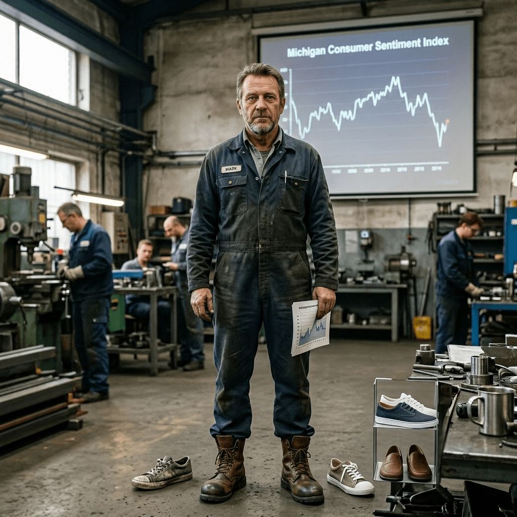 Factory worker holding a chart with economic data in an industrial workshop