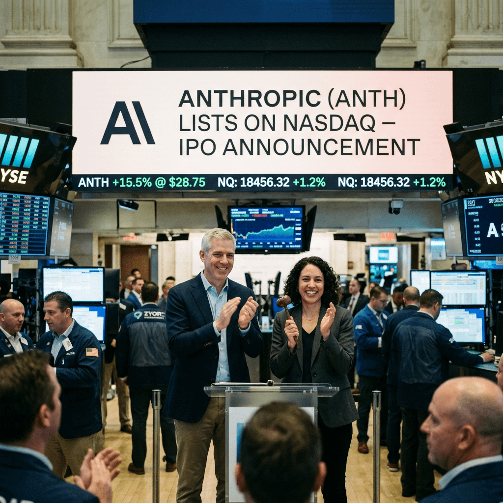 Executives celebrating Anthropic's IPO listing at the New York Stock Exchange trading floor