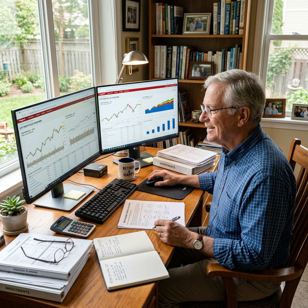 Senior man sitting at desk using dual monitors displaying investment charts and graphs