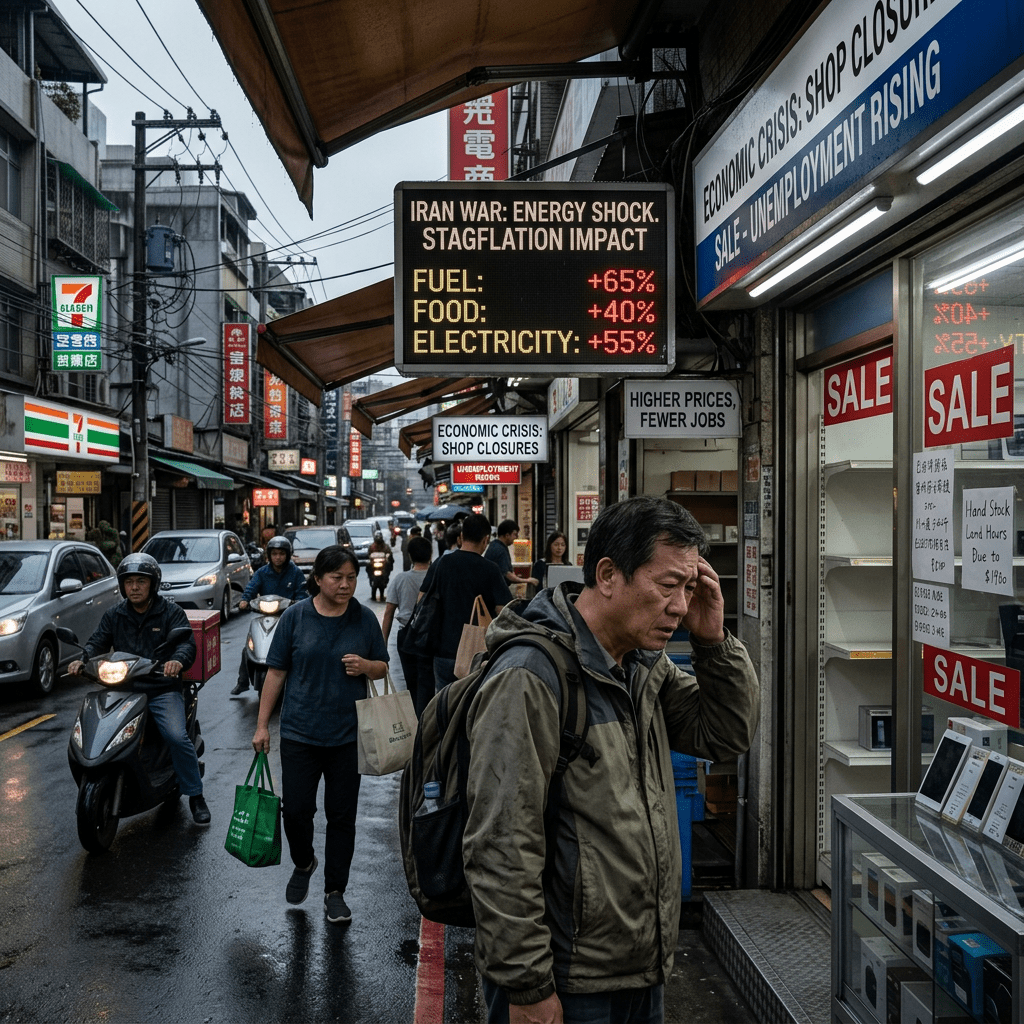 Busy city street with signs about economic crisis, inflation, and rising unemployment