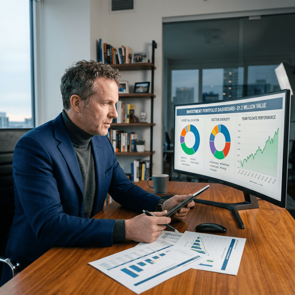 Man analyzing investment portfolio dashboard with charts and graphs on a curved monitor