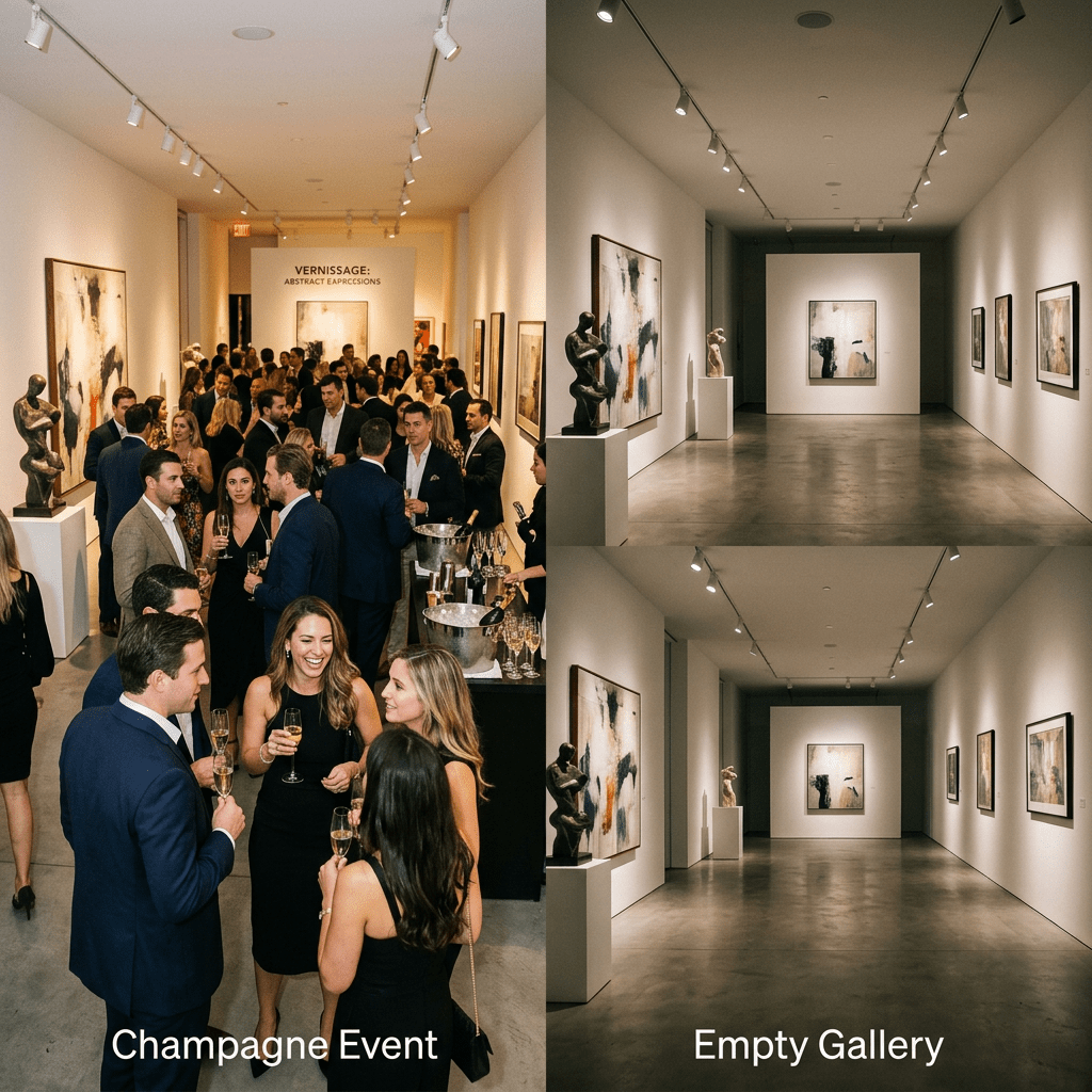 Crowded art gallery during champagne event and same gallery empty with abstract paintings