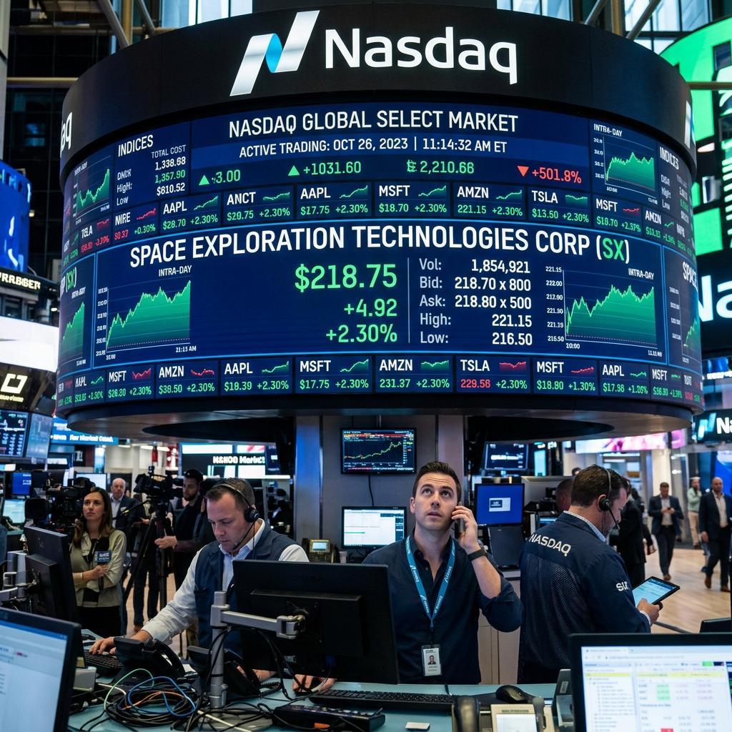Trading floor with analysts in front of Nasdaq screen displaying Space Exploration Technologies Corp stock data
