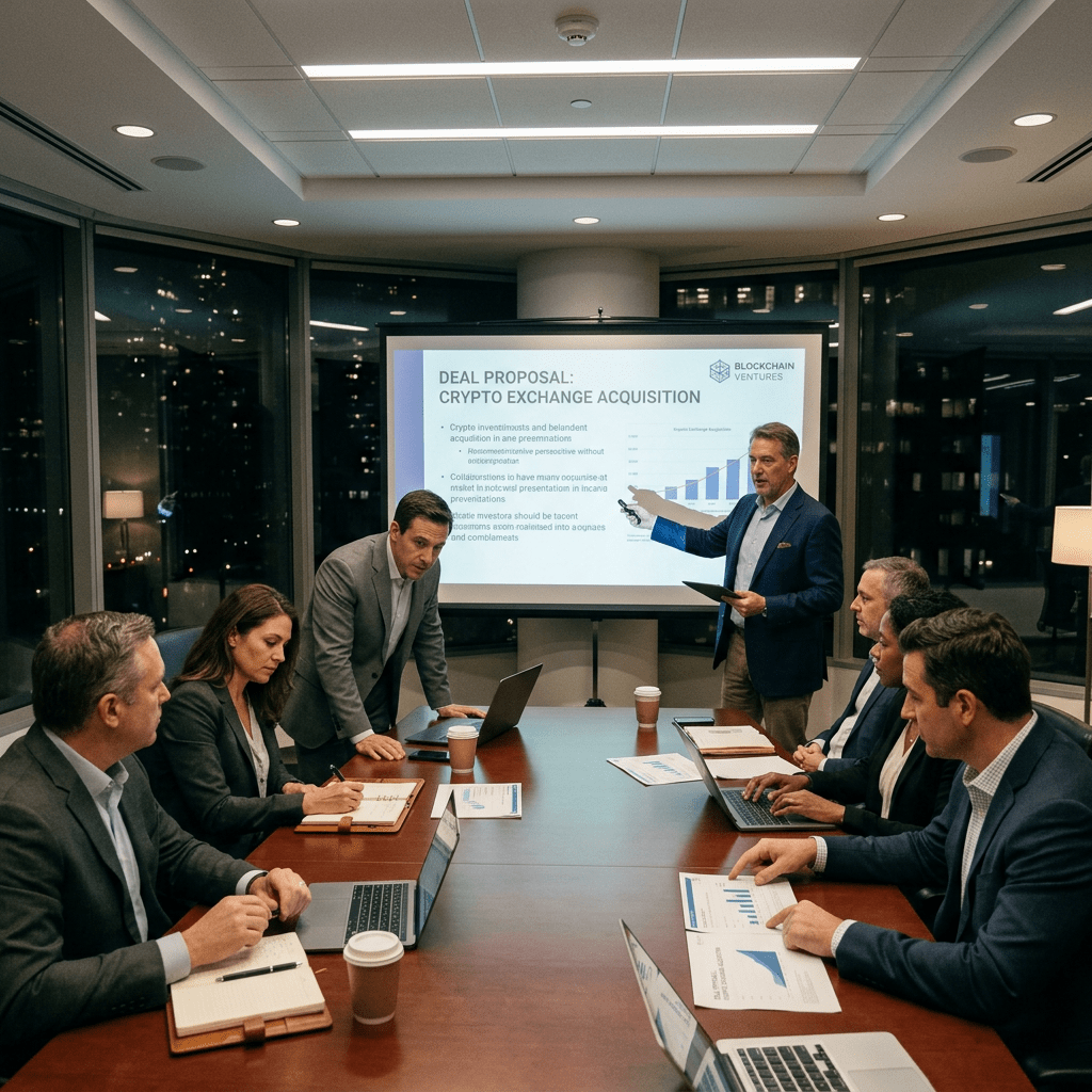 Business team in conference room reviewing crypto acquisition presentation